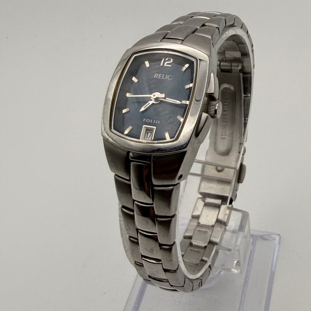 Elegant Relic Folio Quartz Watch Blue Sunray Dial & Stainless Steel New Battery
